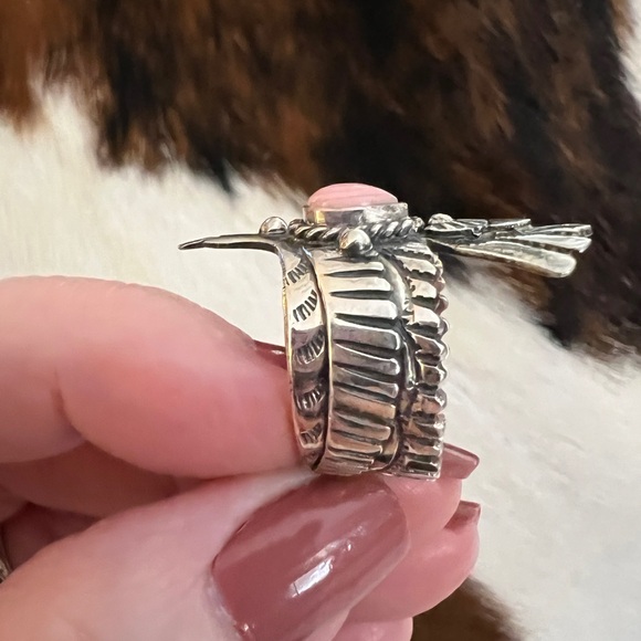 ❤️ Queen Pink Conch Navajo Thunderbird Statement Sterling Ring Size 7.5 - 10.5 G - Picture 12 of 14